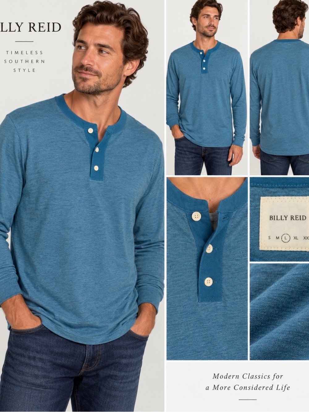 Billy Reid Men’s Large Blue Teal Long Sleeve Henley Shirt Lightweight Casual